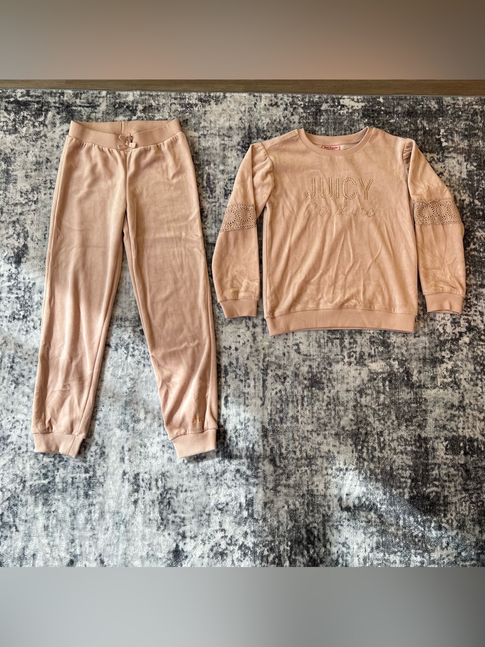 Juicy Couture Girls Velour Tracksuit Set Size 8/10 Tan Beige Rhinestone Studded